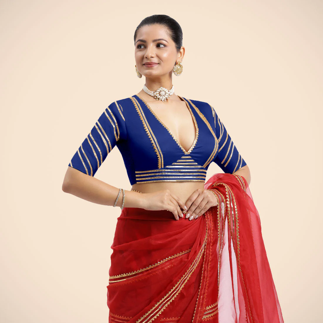 Navya x Tyohaar | Cobalt Blue Elbow Sleeves FlexiFit™ Saree Blouse with Plunging V Neckline with Tasteful Golden Gota Lace - Image 2