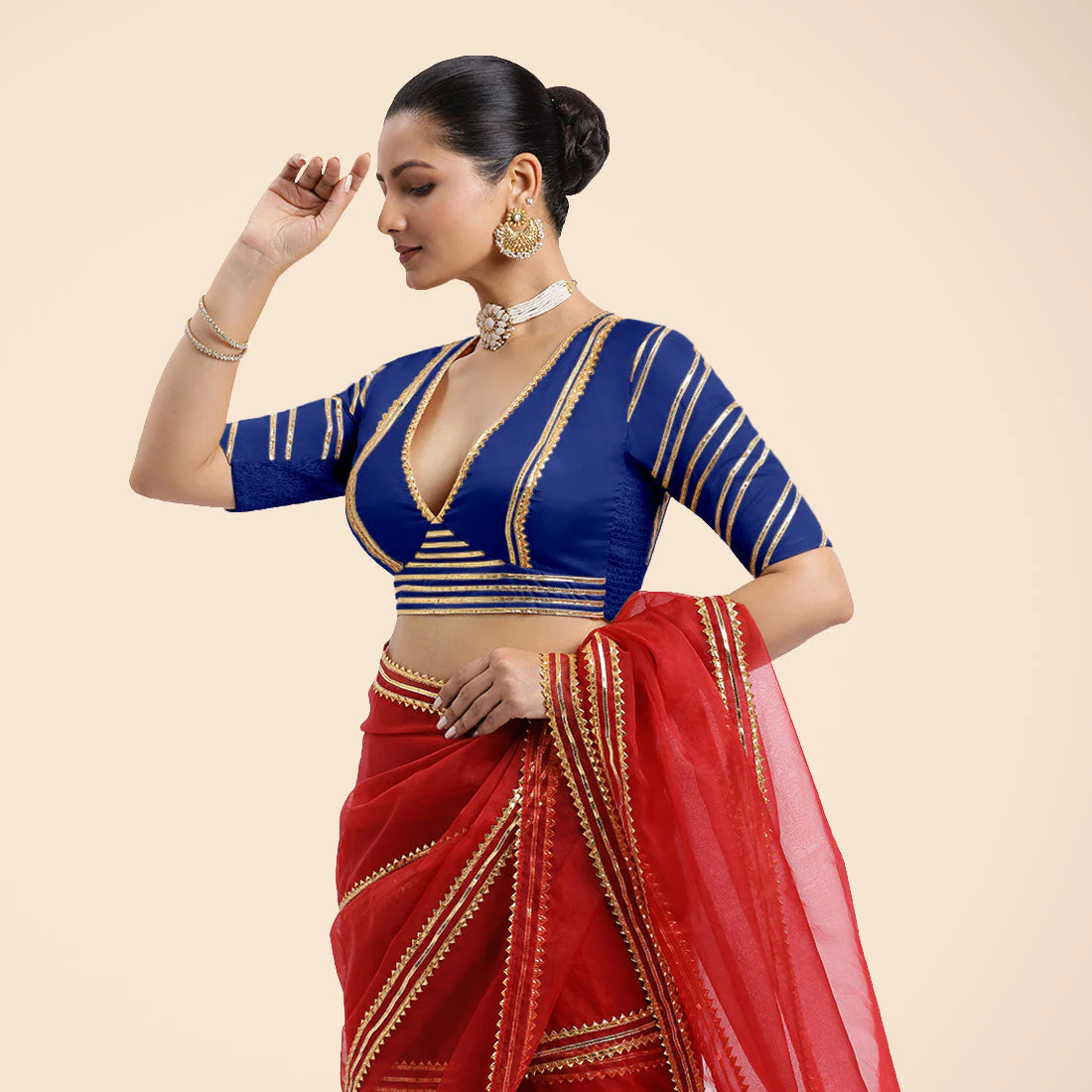 Navya x Tyohaar | Cobalt Blue Elbow Sleeves FlexiFit™ Saree Blouse with Plunging V Neckline with Tasteful Golden Gota Lace - Image 6