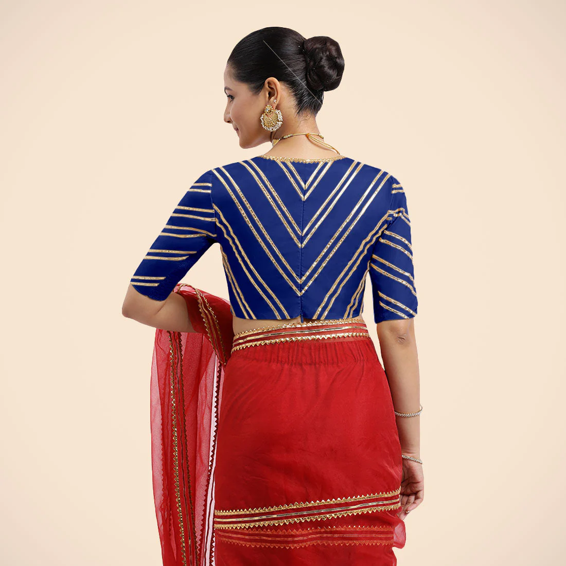 Navya x Tyohaar | Cobalt Blue Elbow Sleeves FlexiFit™ Saree Blouse with Plunging V Neckline with Tasteful Golden Gota Lace - Image 8