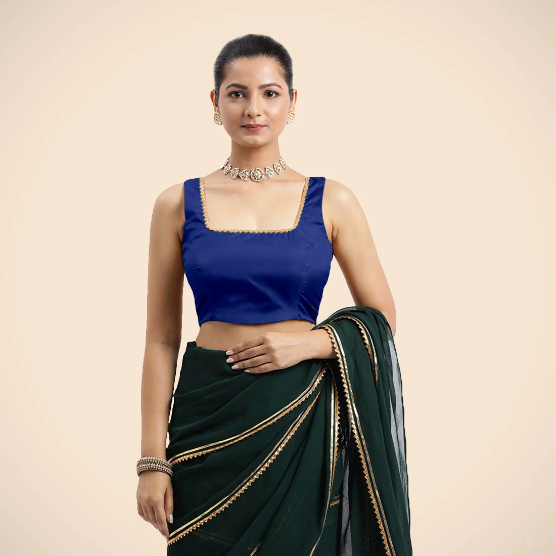 Tanvi x Tyohaar | Cobalt Blue Sleeveless FlexiFit™ Saree Blouse with Square Front Neck and Deep Back with Dori and Golden Gota Embellishment