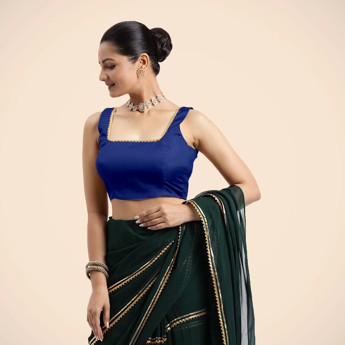 Tanvi x Tyohaar | Cobalt Blue Sleeveless FlexiFit™ Saree Blouse with Square Front Neck and Deep Back with Dori and Golden Gota Embellishment - Image 2