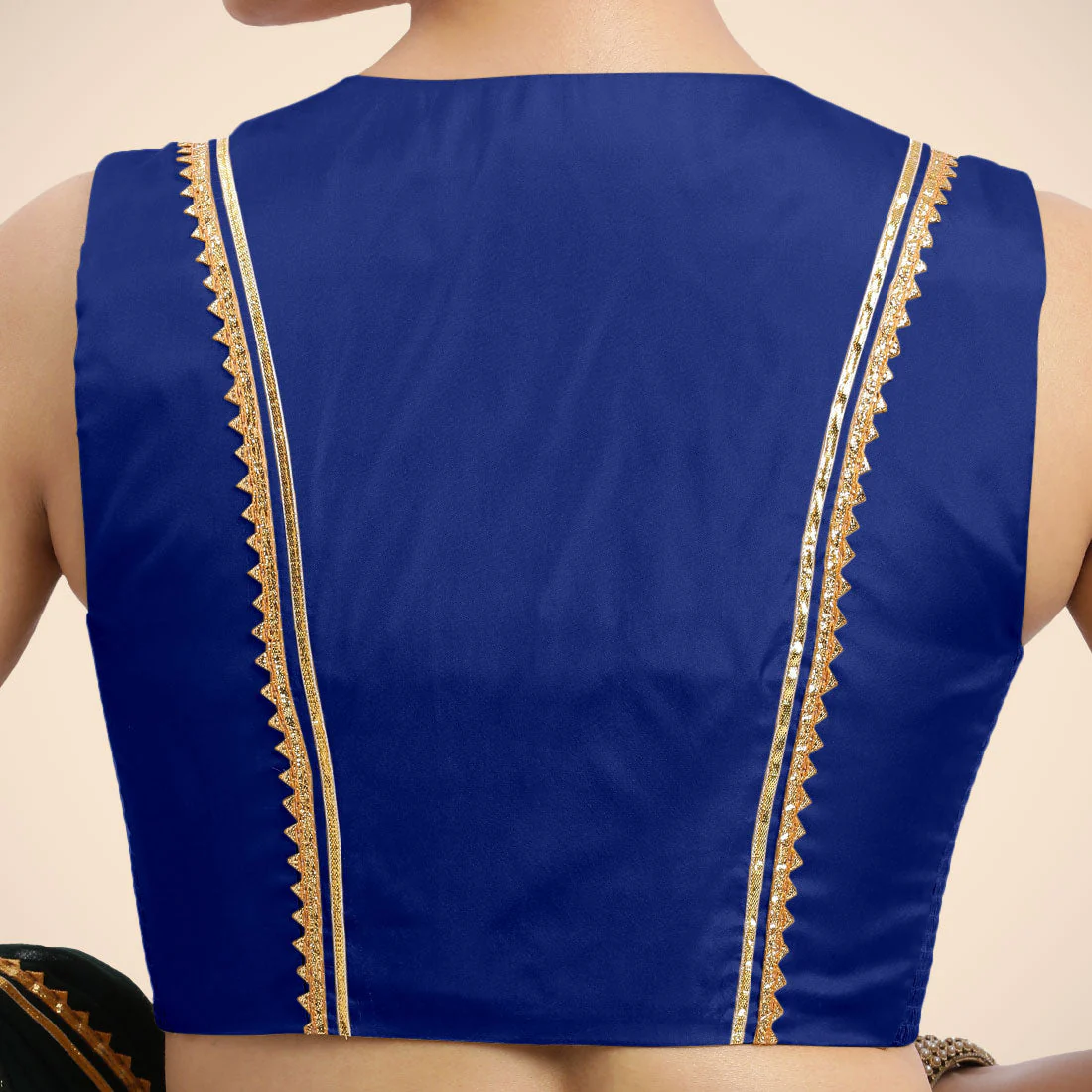 Veena x Tyohaar | Cobalt Blue Sleeveless FlexiFit™ Saree Blouse with Front Open Closed Neckline with Slit and Golden Gota Lace - Image 4