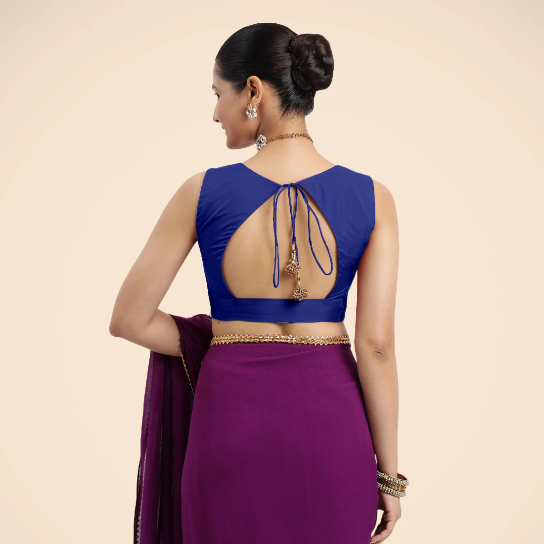 Nazia x Rozaana | Cobalt Blue Sleeveless FlexiFit™ Saree Blouse with Front Open Curved V Neckline with Deep Back and Dori - Image 5