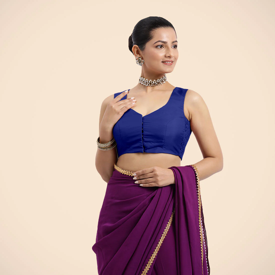 Nazia x Rozaana | Cobalt Blue Sleeveless FlexiFit™ Saree Blouse with Front Open Curved V Neckline with Deep Back and Dori - Image 9
