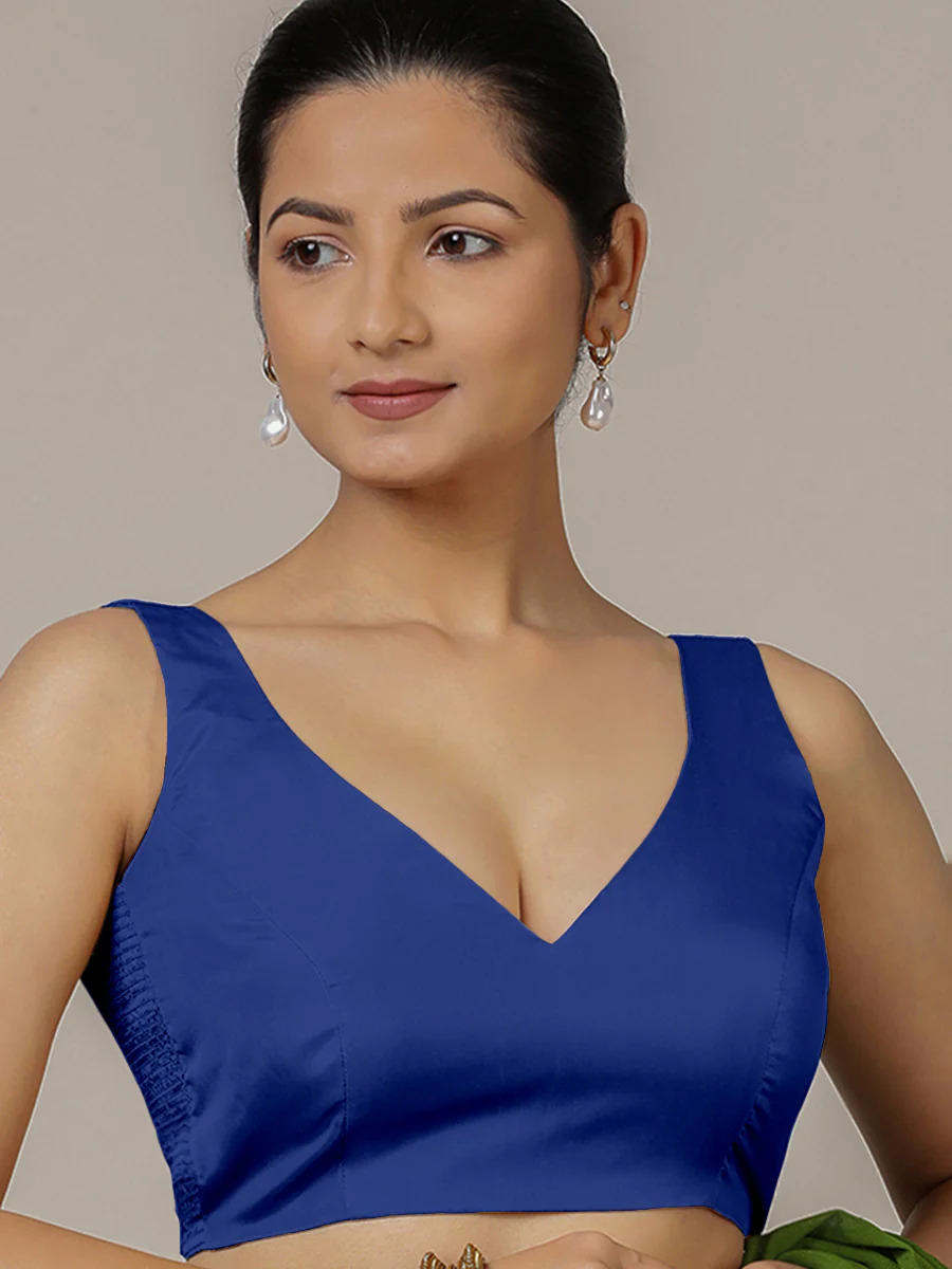 Raisa x Rozaana | Cobalt Blue Sleeveless FlexiFit™ Saree Blouse with Simple V Neckline and Back Cut-out with Tie-Up - Image 5