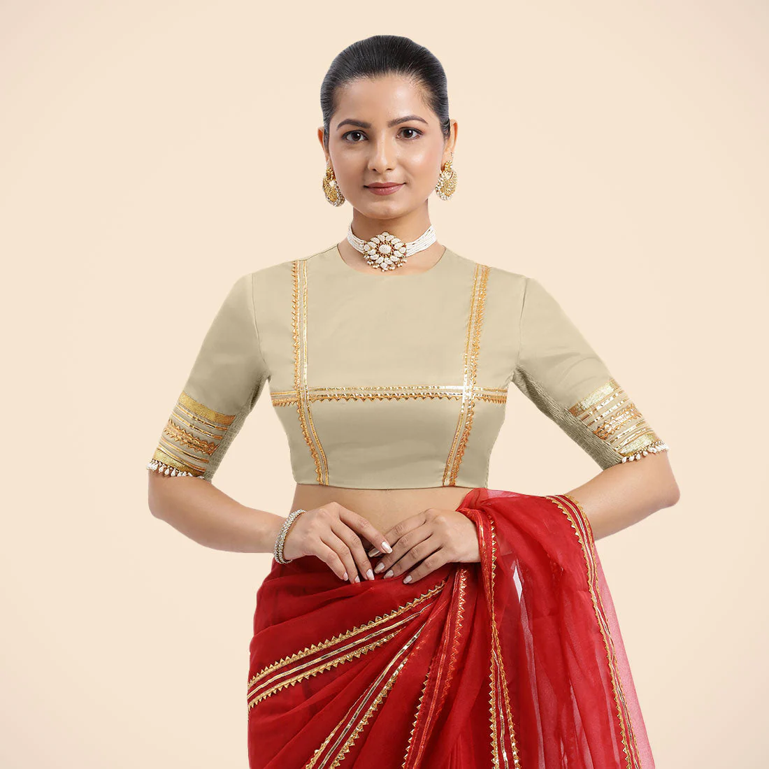 Farheen x Tyohaar | Cream Embellished Elbow Sleeves FlexiFit™ Saree Blouse with Zero Neck with Back Cut-Out and Golden Gota Embellishment - Image 10