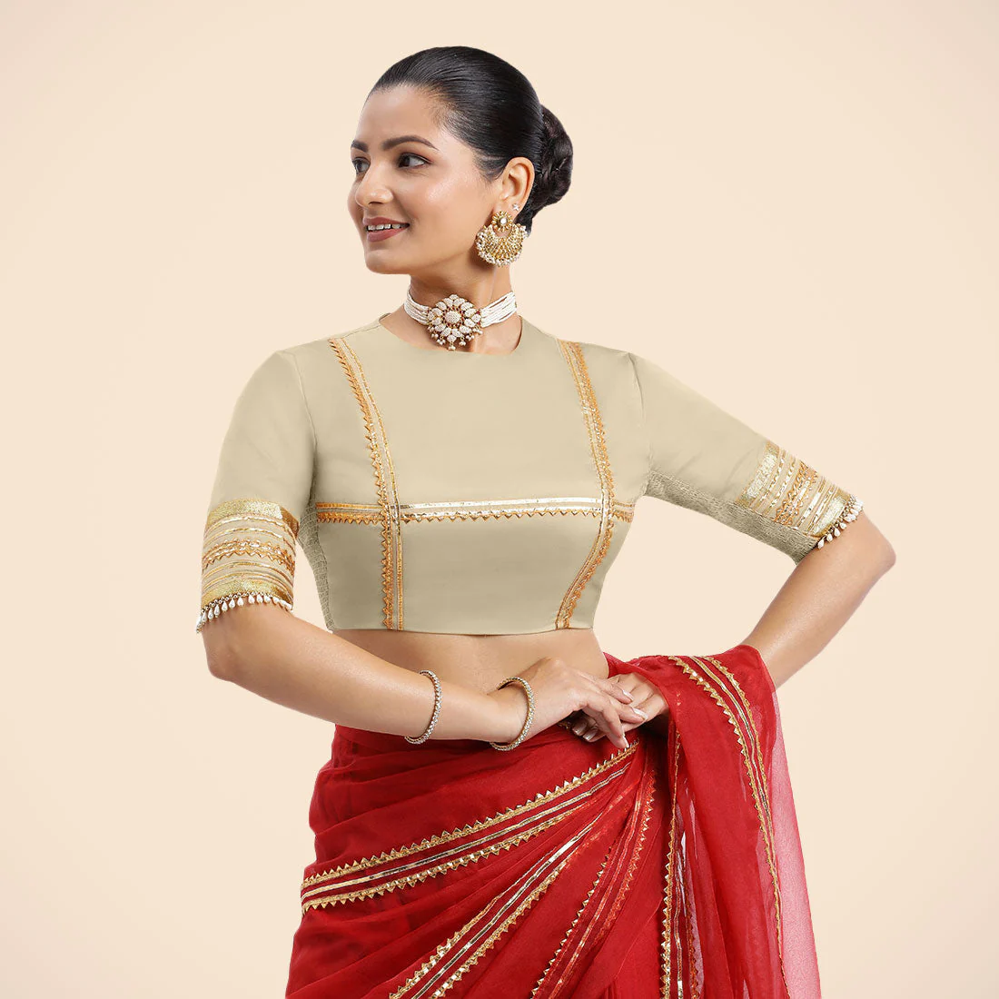 Farheen x Tyohaar | Cream Embellished Elbow Sleeves FlexiFit™ Saree Blouse with Zero Neck with Back Cut-Out and Golden Gota Embellishment - Image 11
