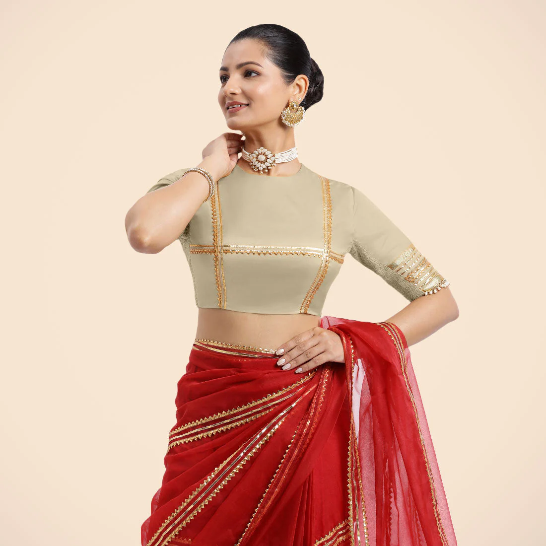 Farheen x Tyohaar | Cream Embellished Elbow Sleeves FlexiFit™ Saree Blouse with Zero Neck with Back Cut-Out and Golden Gota Embellishment - Image 12