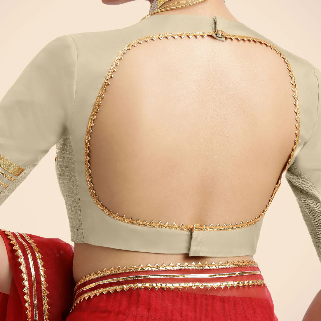 Farheen x Tyohaar | Cream Embellished Elbow Sleeves FlexiFit™ Saree Blouse with Zero Neck with Back Cut-Out and Golden Gota Embellishment - Image 6