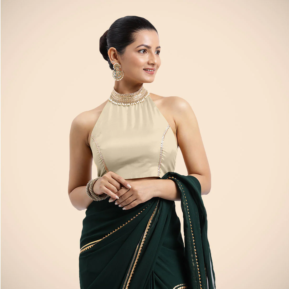 Laila x Tyohaar | Cream Halterneck FlexiFit™ Saree Blouse with Heavy Golden Gota and Pearl Embellishments - Image 2