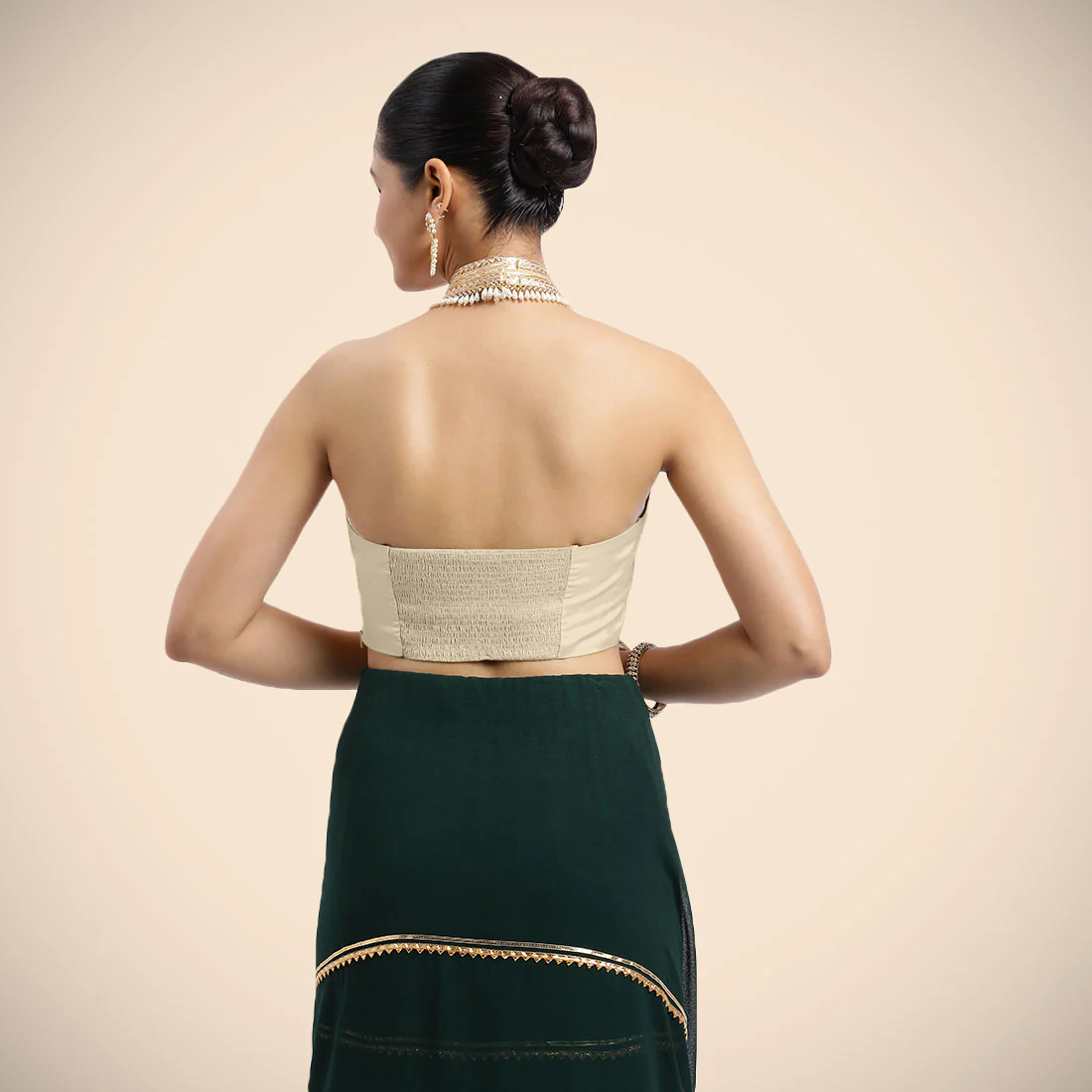 Laila x Tyohaar | Cream Halterneck FlexiFit™ Saree Blouse with Heavy Golden Gota and Pearl Embellishments - Image 5