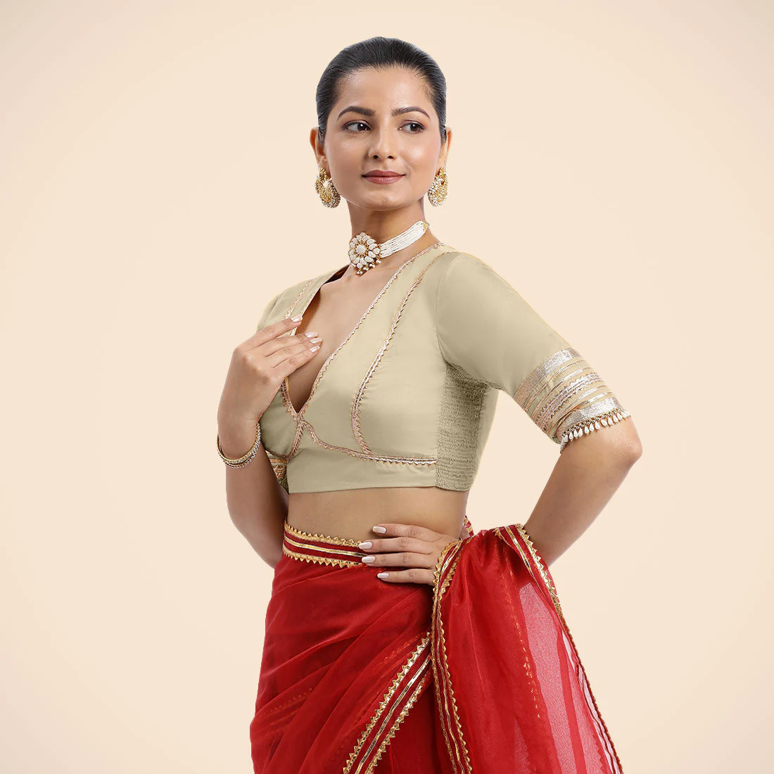 Nafeeza x Tyohaar | Cream Embellished Elbow Sleeves FlexiFit™ Saree Blouse with Plunging V Neckline with Tasteful Golden Gota Lace - Image 10