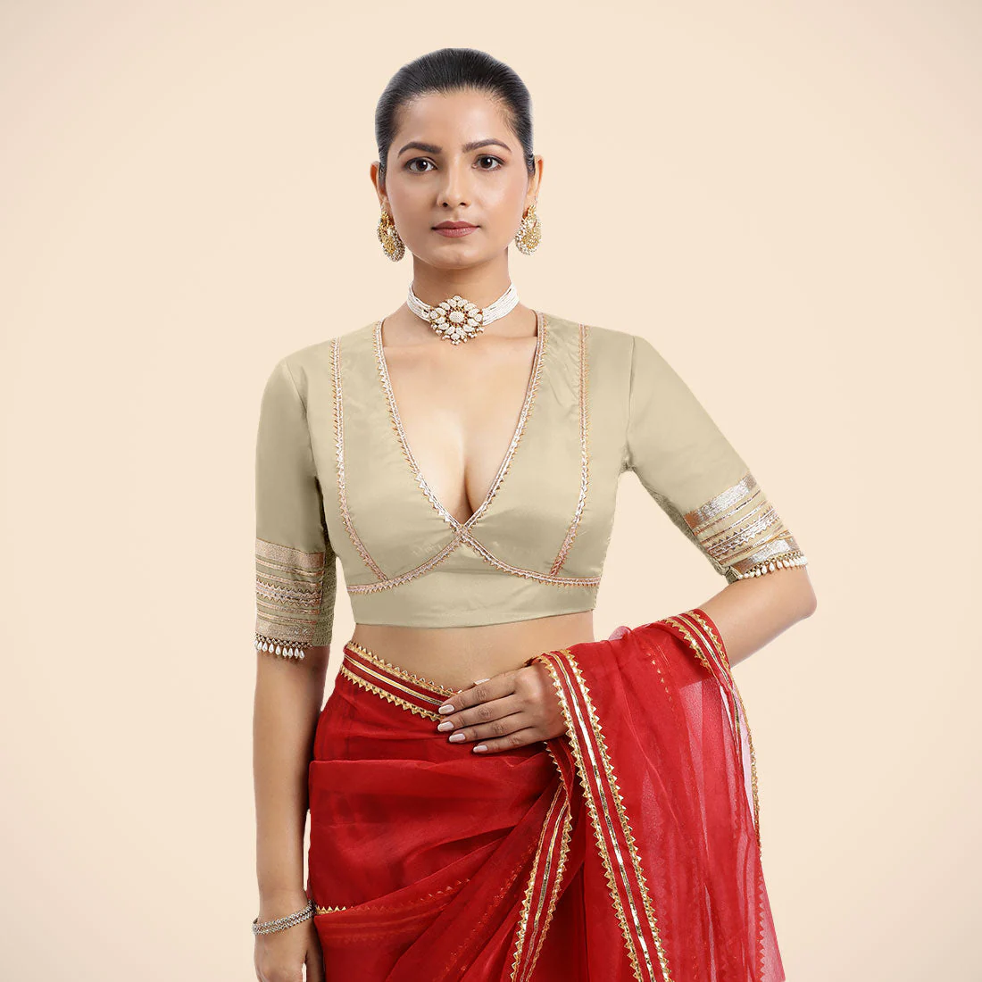 Nafeeza x Tyohaar | Cream Embellished Elbow Sleeves FlexiFit™ Saree Blouse with Plunging V Neckline with Tasteful Golden Gota Lace - Image 15