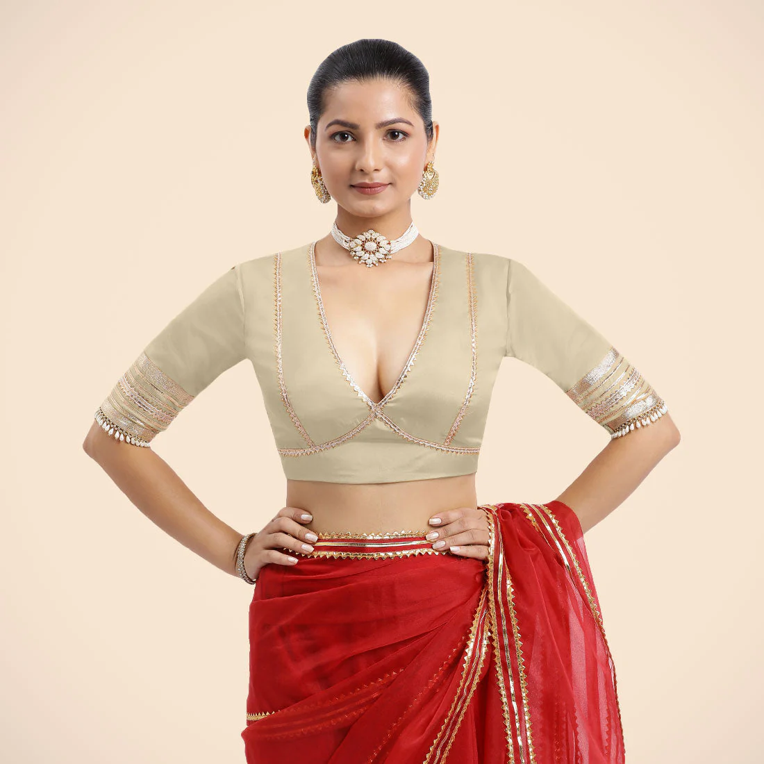 Nafeeza x Tyohaar | Cream Embellished Elbow Sleeves FlexiFit™ Saree Blouse with Plunging V Neckline with Tasteful Golden Gota Lace - Image 16