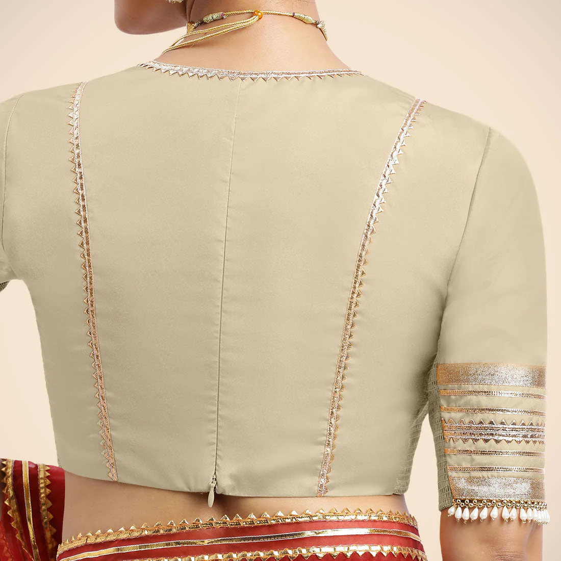 Nafeeza x Tyohaar | Cream Embellished Elbow Sleeves FlexiFit™ Saree Blouse with Plunging V Neckline with Tasteful Golden Gota Lace - Image 2