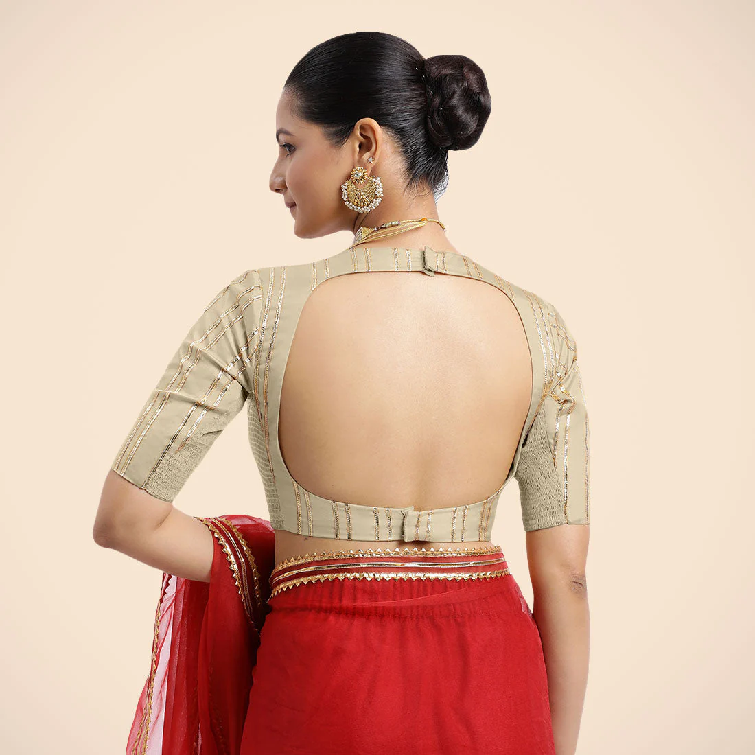 Shaheen x Tyohaar | Cream Elbow Sleeves FlexiFit™ Saree Blouse with Zero Neck with Back Cut-Out and Golden Gota Embellishment - Image 2