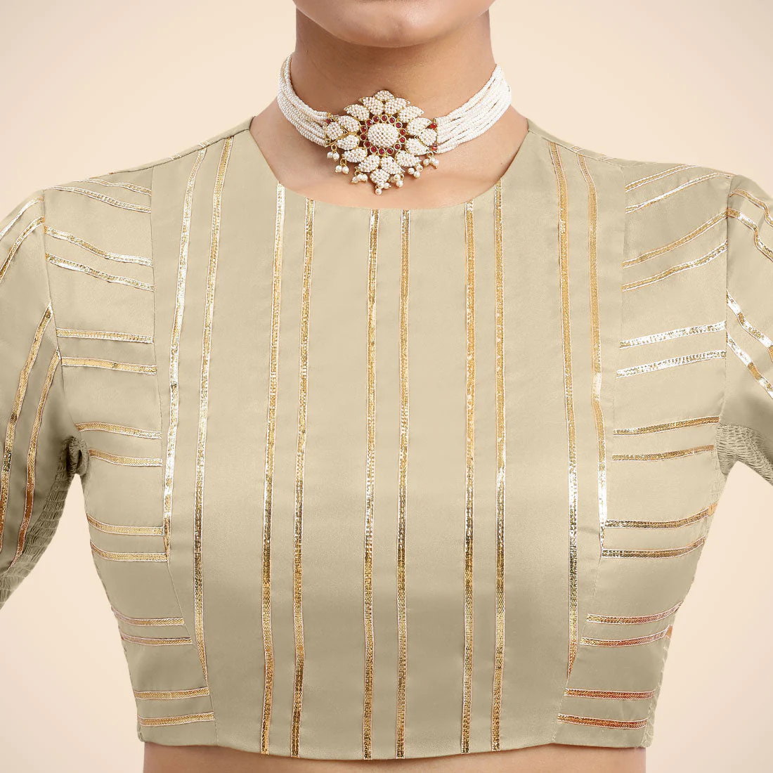 Shaheen x Tyohaar | Cream Elbow Sleeves FlexiFit™ Saree Blouse with Zero Neck with Back Cut-Out and Golden Gota Embellishment - Image 5