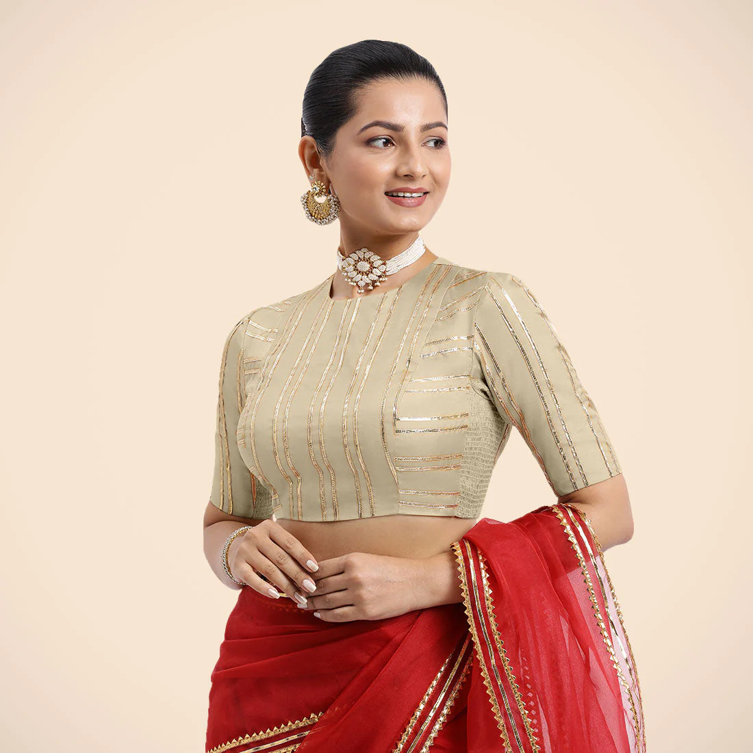 Shaheen x Tyohaar | Cream Elbow Sleeves FlexiFit™ Saree Blouse with Zero Neck with Back Cut-Out and Golden Gota Embellishment - Image 7