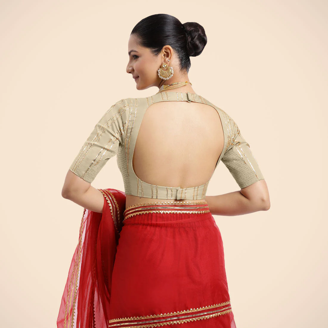 Shaheen x Tyohaar | Cream Elbow Sleeves FlexiFit™ Saree Blouse with Zero Neck with Back Cut-Out and Golden Gota Embellishment - Image 8