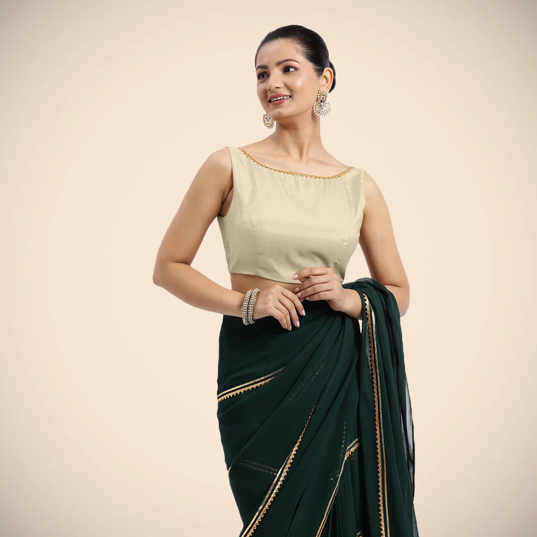 Sherry x Tyohaar | Cream Sleeveless FlexiFit™ Saree Blouse with Simple Golden Gota Lace on Neckline and Removable Bow on Back - Image 6