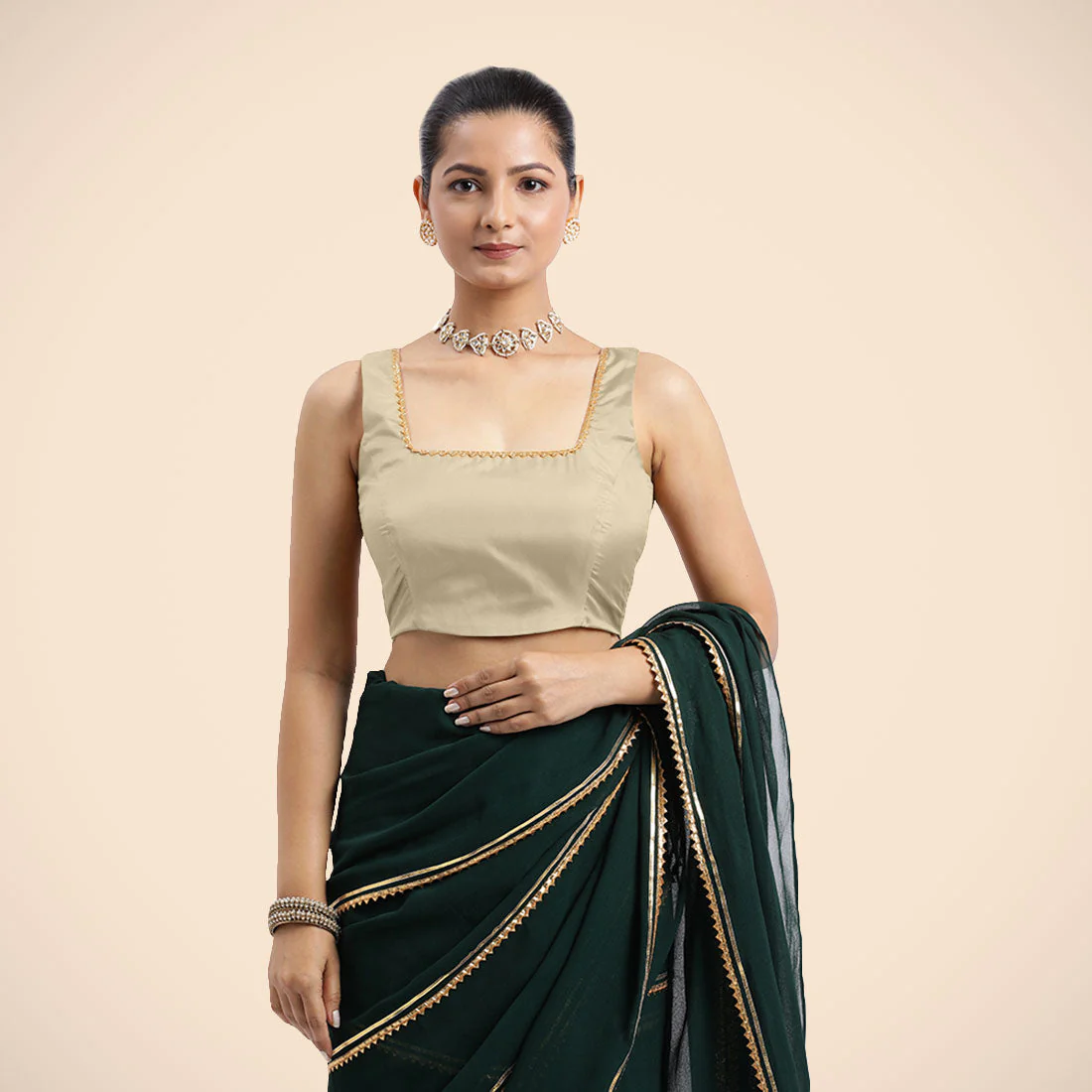Tanvi x Tyohaar | Cream Sleeveless FlexiFit™ Saree Blouse with Square Front Neck and Deep Back with Dori and Golden Gota Embellishment