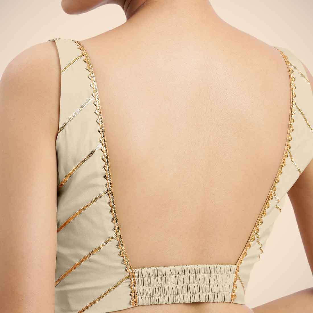 Zeba x Tyohaar | Cream Sleeveless FlexiFit™ Saree Blouse with Square Neck with Golden Gota Lace and Deep Back - Image 3
