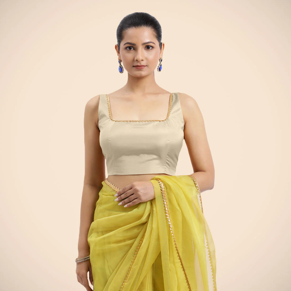 Zeba x Tyohaar | Cream Sleeveless FlexiFit™ Saree Blouse with Square Neck with Golden Gota Lace and Deep Back - Image 4