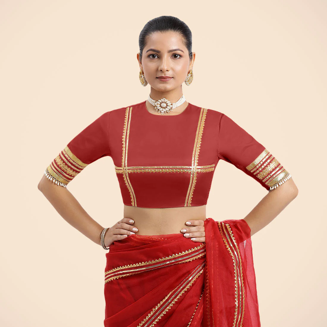 Farheen x Tyohaar | Crimson Red Embellished Elbow Sleeves FlexiFit™ Saree Blouse with Zero Neck with Back Cut-Out and Golden Gota Embellishment - Image 10
