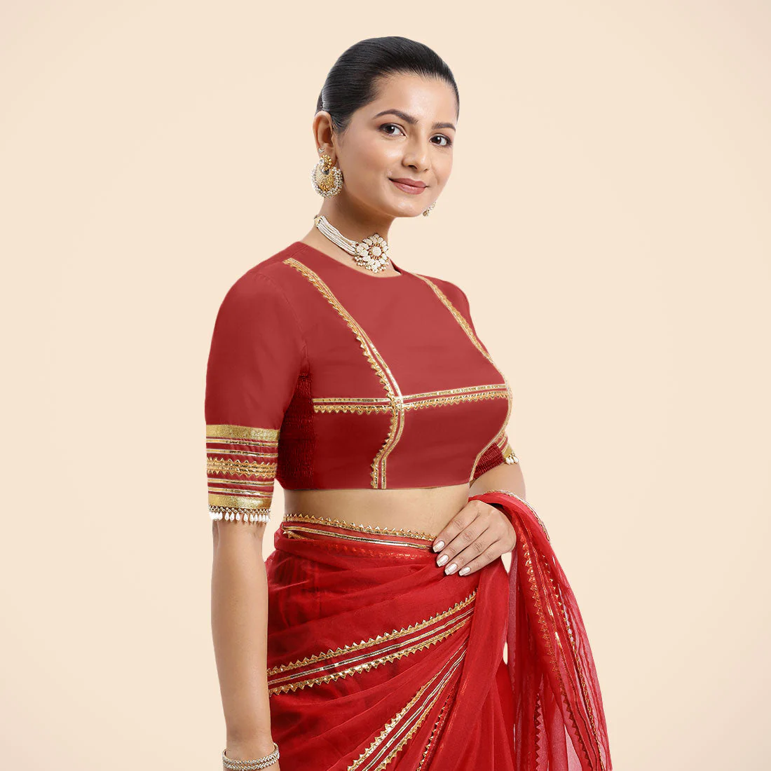 Farheen x Tyohaar | Crimson Red Embellished Elbow Sleeves FlexiFit™ Saree Blouse with Zero Neck with Back Cut-Out and Golden Gota Embellishment - Image 11