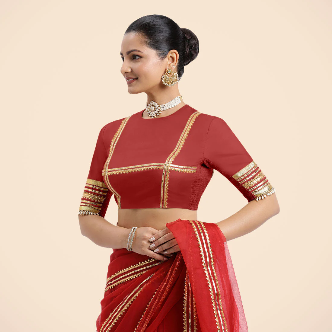 Farheen x Tyohaar | Crimson Red Embellished Elbow Sleeves FlexiFit™ Saree Blouse with Zero Neck with Back Cut-Out and Golden Gota Embellishment - Image 12