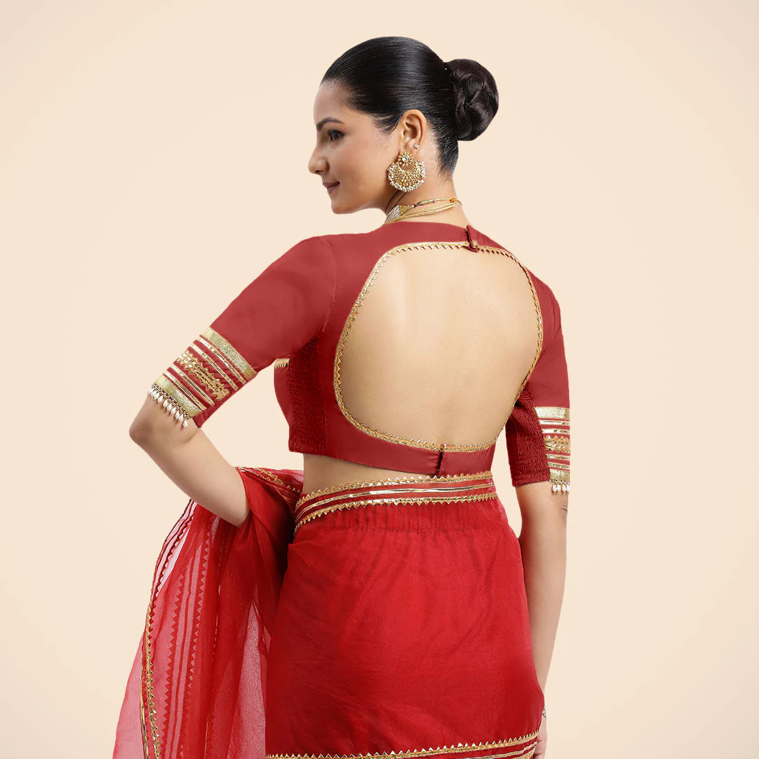 Farheen x Tyohaar | Crimson Red Embellished Elbow Sleeves FlexiFit™ Saree Blouse with Zero Neck with Back Cut-Out and Golden Gota Embellishment - Image 2