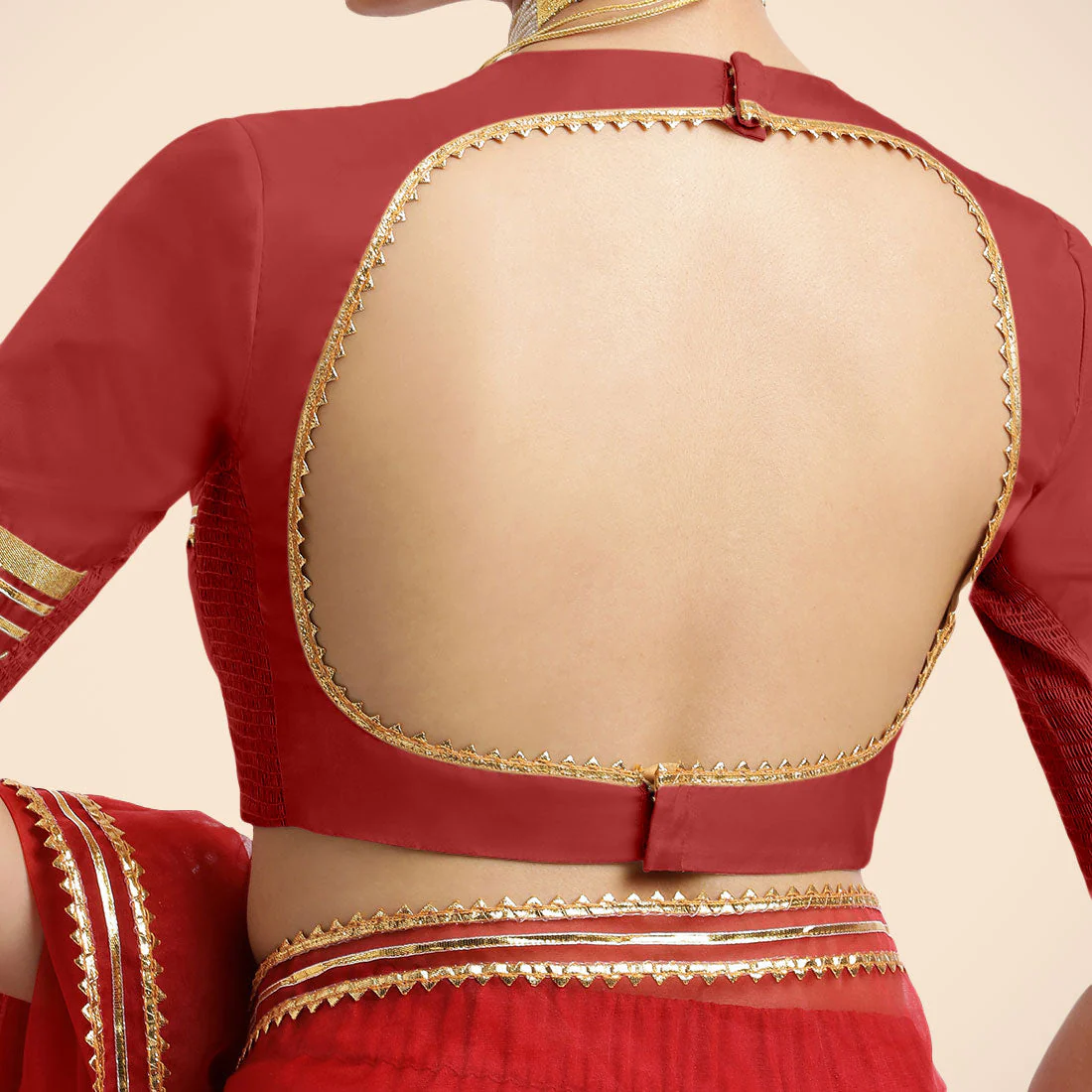 Farheen x Tyohaar | Crimson Red Embellished Elbow Sleeves FlexiFit™ Saree Blouse with Zero Neck with Back Cut-Out and Golden Gota Embellishment - Image 5