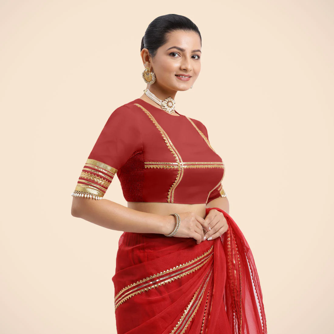 Farheen x Tyohaar | Crimson Red Embellished Elbow Sleeves FlexiFit™ Saree Blouse with Zero Neck with Back Cut-Out and Golden Gota Embellishment - Image 6