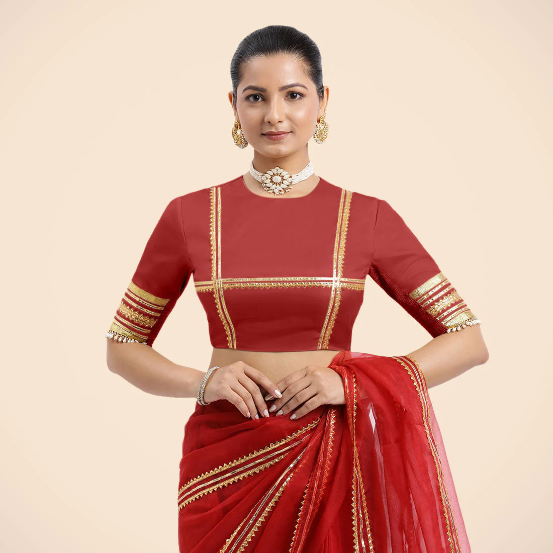 Farheen x Tyohaar | Crimson Red Embellished Elbow Sleeves FlexiFit™ Saree Blouse with Zero Neck with Back Cut-Out and Golden Gota Embellishment - Image 7