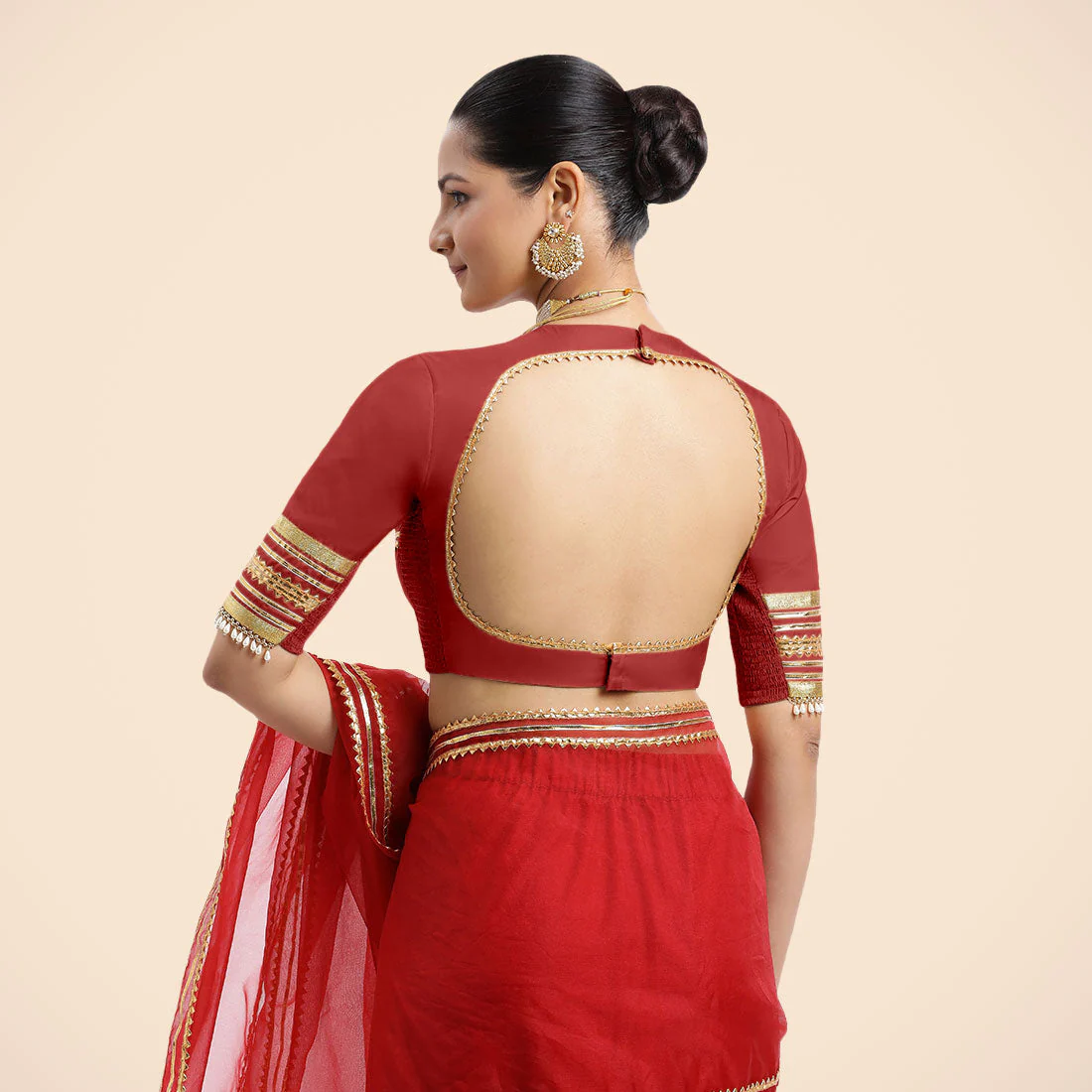 Farheen x Tyohaar | Crimson Red Embellished Elbow Sleeves FlexiFit™ Saree Blouse with Zero Neck with Back Cut-Out and Golden Gota Embellishment - Image 8
