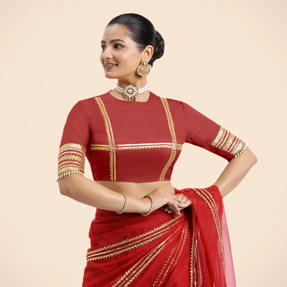 Farheen x Tyohaar | Crimson Red Embellished Elbow Sleeves FlexiFit™ Saree Blouse with Zero Neck with Back Cut-Out and Golden Gota Embellishment - Image 9