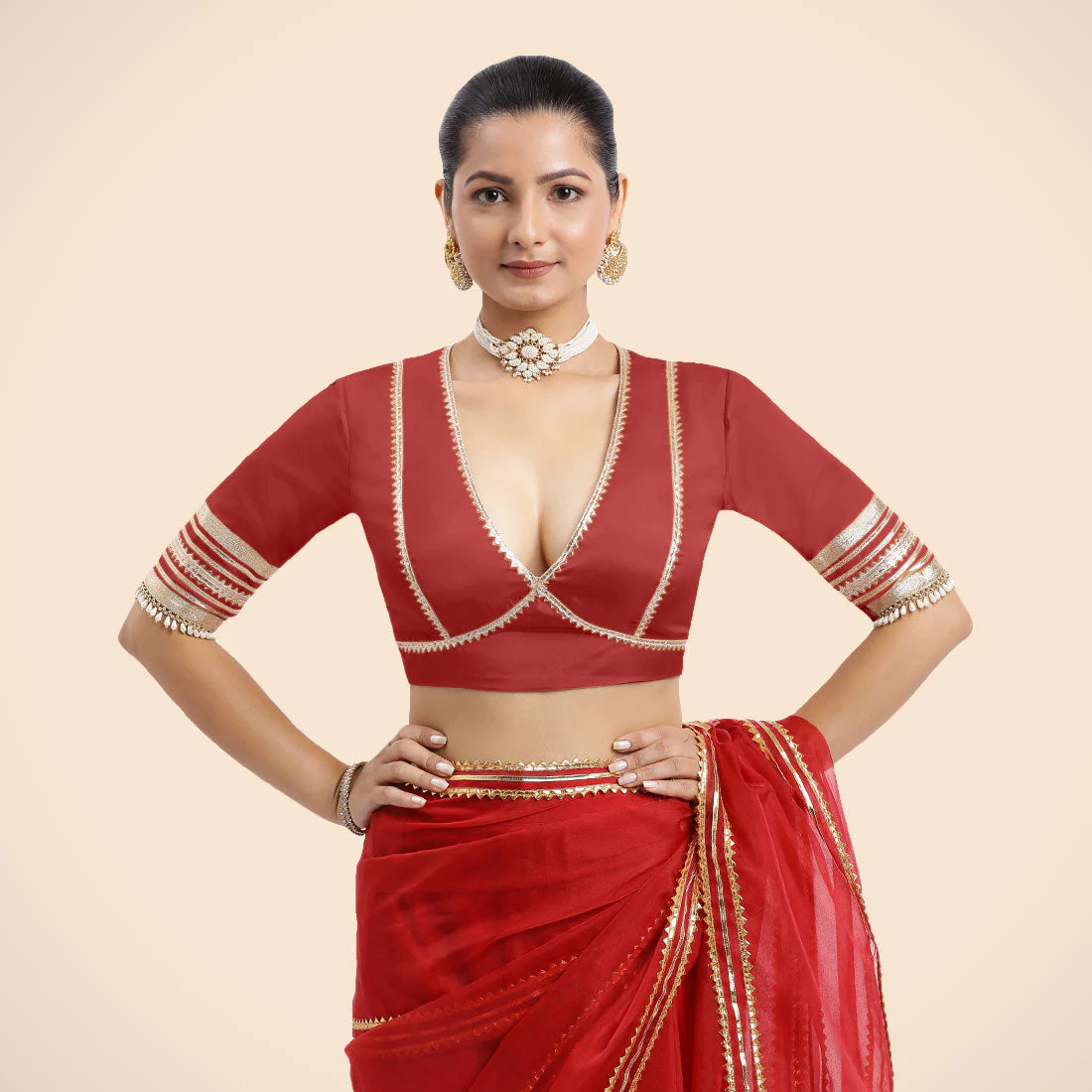Nafeeza x Tyohaar | Crimson Red Embellished Elbow Sleeves FlexiFit™ Saree Blouse with Plunging V Neckline with Tasteful Golden Gota Lace - Image 12