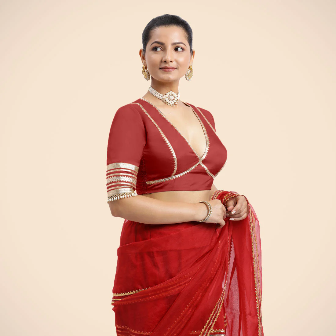 Nafeeza x Tyohaar | Crimson Red Embellished Elbow Sleeves FlexiFit™ Saree Blouse with Plunging V Neckline with Tasteful Golden Gota Lace - Image 5