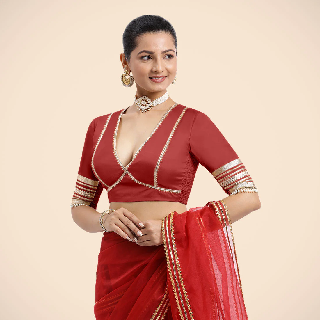 Nafeeza x Tyohaar | Crimson Red Embellished Elbow Sleeves FlexiFit™ Saree Blouse with Plunging V Neckline with Tasteful Golden Gota Lace - Image 8