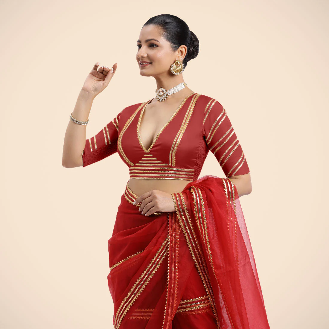 Navya x Tyohaar | Crimson Red Elbow Sleeves FlexiFit™ Saree Blouse with Plunging V Neckline with Tasteful Golden Gota Lace - Image 9