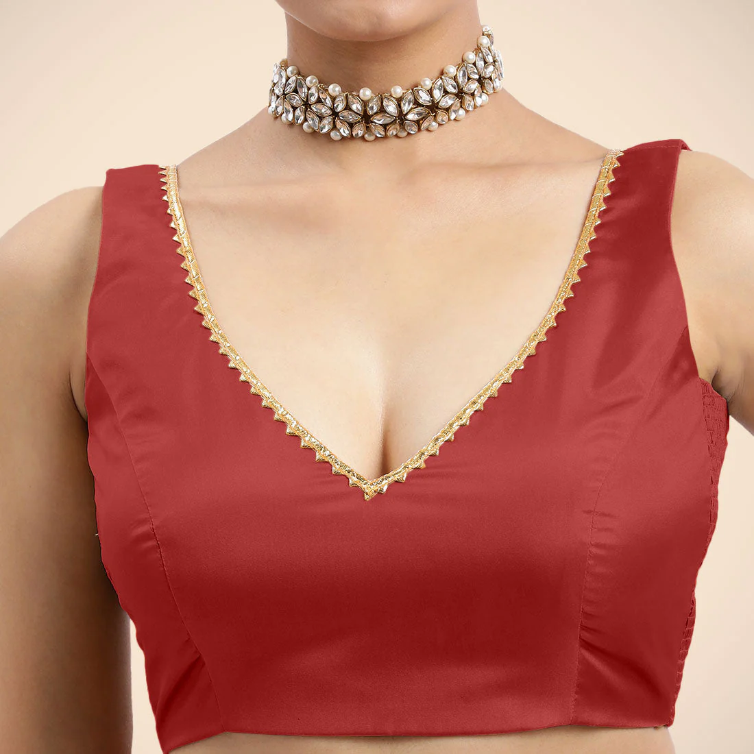 Raisa x Tyohaar | Crimson Red Sleeveless FlexiFit™ Saree Blouse with V Neckline with Golden Gota Lace Embellishment and Back Cut-out with Tie-Up - Image 6