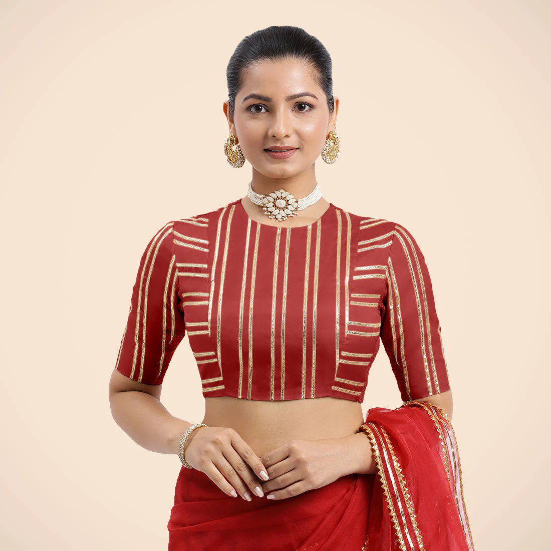 Shaheen x Tyohaar | Crimson Red Elbow Sleeves FlexiFit™ Saree Blouse with Zero Neck with Back Cut-Out and Golden Gota Embellishment - Image 3