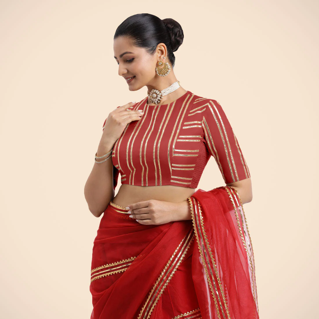 Shaheen x Tyohaar | Crimson Red Elbow Sleeves FlexiFit™ Saree Blouse with Zero Neck with Back Cut-Out and Golden Gota Embellishment - Image 4