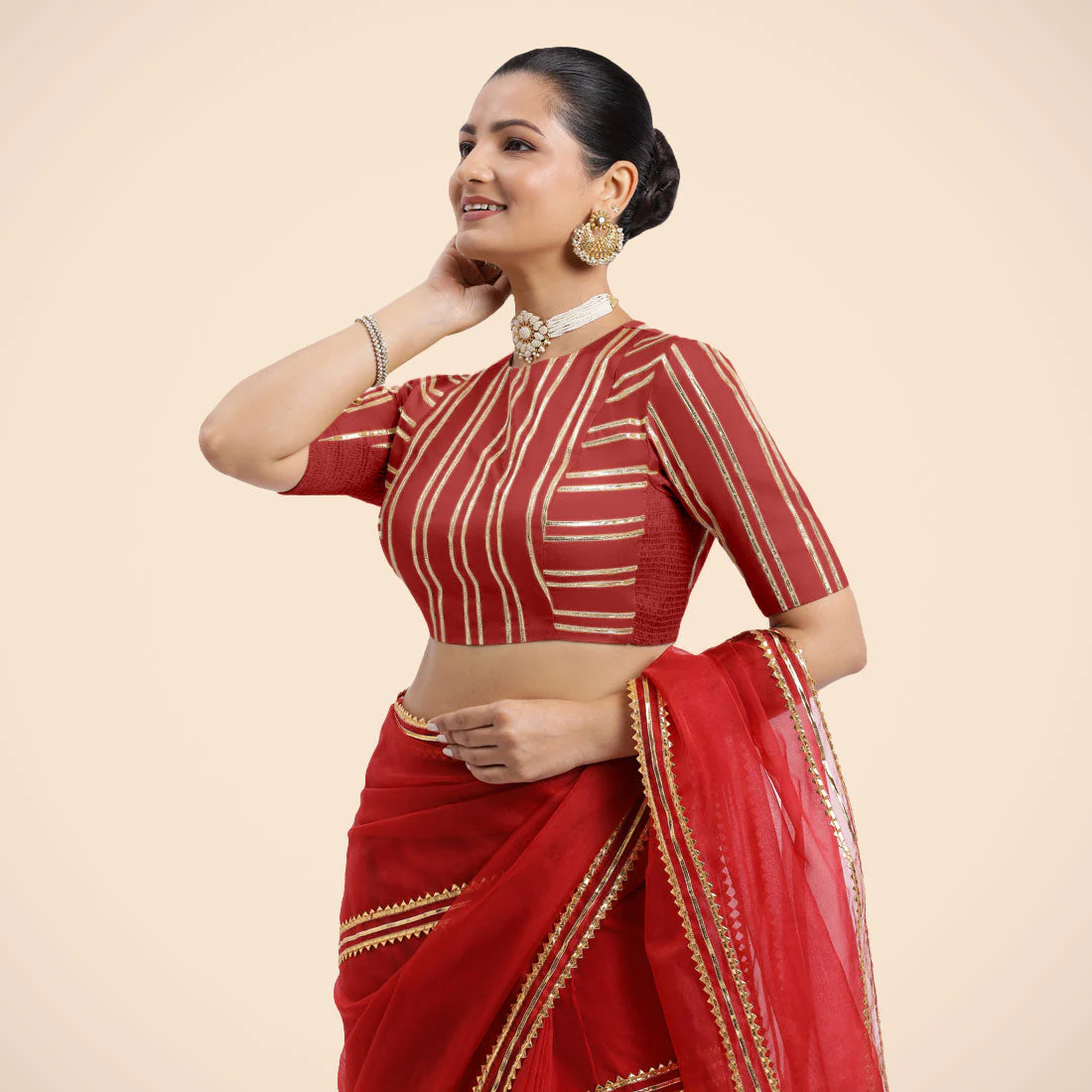 Shaheen x Tyohaar | Crimson Red Elbow Sleeves FlexiFit™ Saree Blouse with Zero Neck with Back Cut-Out and Golden Gota Embellishment - Image 5
