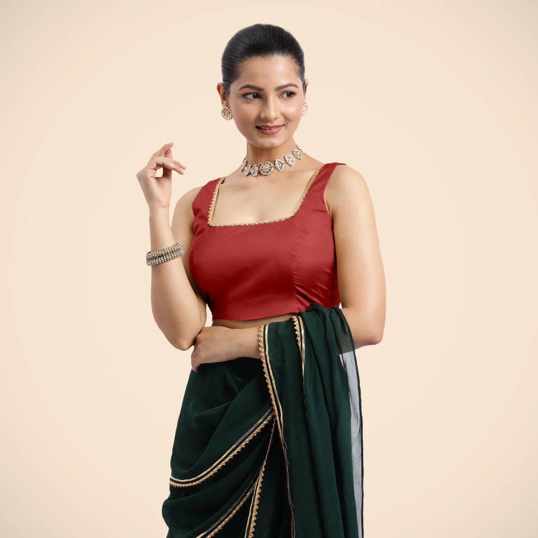 Tanvi x Tyohaar | Crimson Red Sleeveless FlexiFit™ Saree Blouse with Square Front Neck and Deep Back with Dori and Golden Gota Embellishment - Image 3