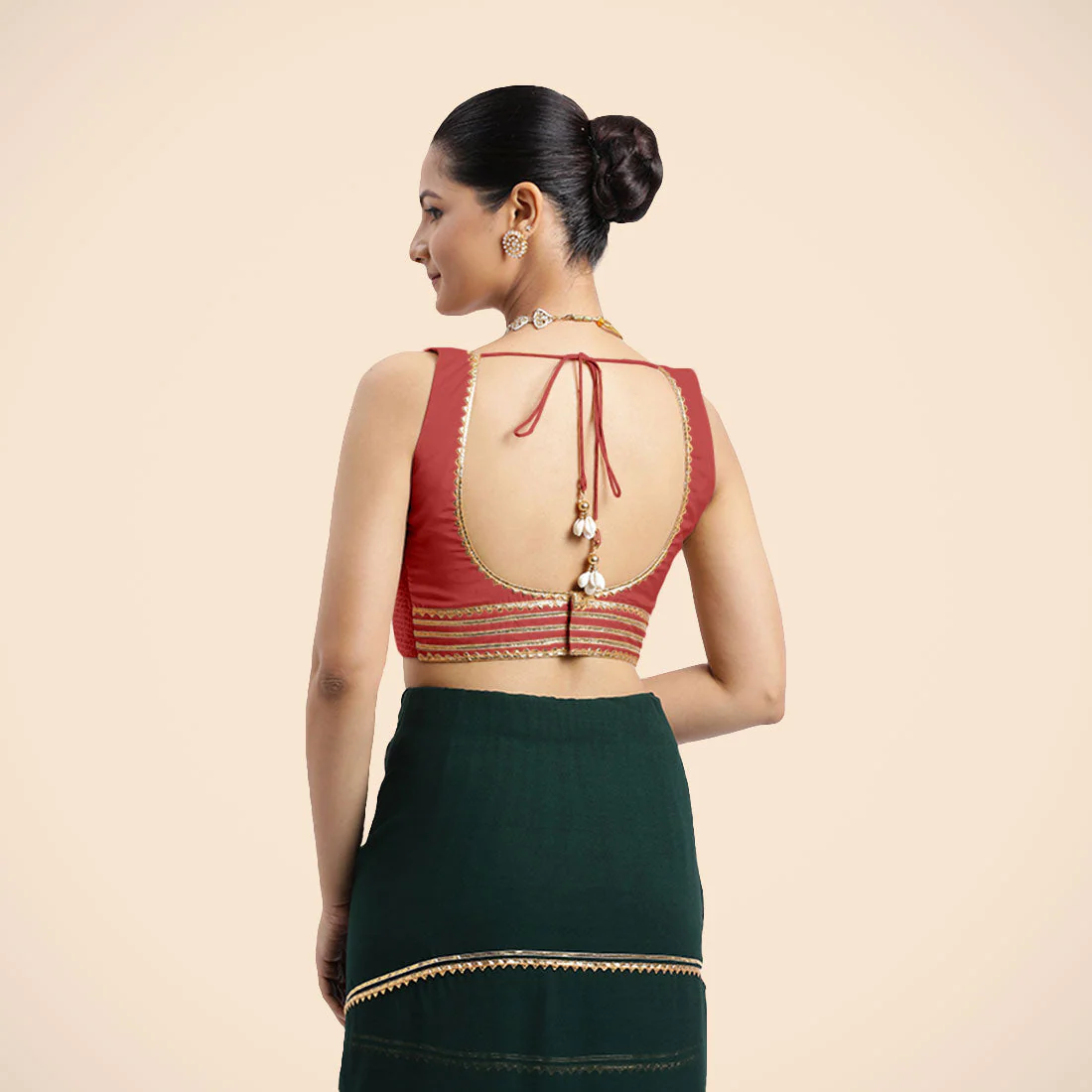 Tanvi x Tyohaar | Crimson Red Sleeveless FlexiFit™ Saree Blouse with Square Front Neck and Deep Back with Dori and Golden Gota Embellishment - Image 4