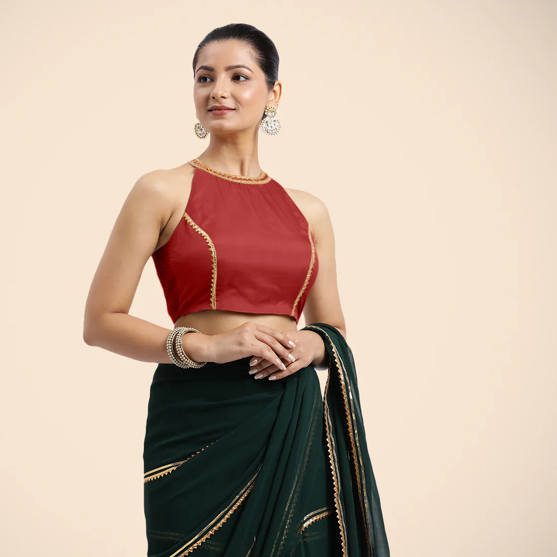 Zubeida x Tyohaar | Crimson Red Halterneck FlexiFit™ Saree Blouse with Elegant Golden Gota Embellishment on Princess Line - Image 4