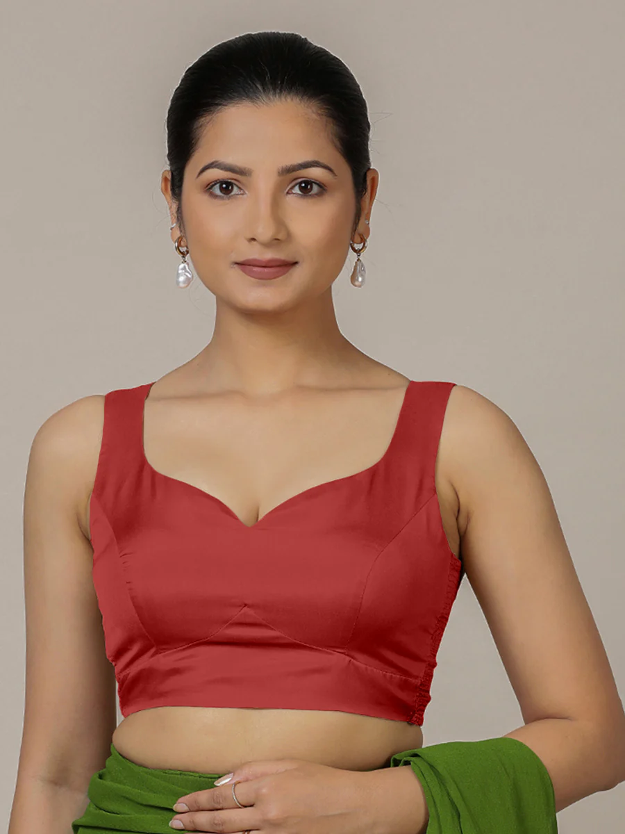 Ishika x Rozaana | Crimson Red Sleeveless FlexiFit™ Saree Blouse with Beetle Leaf Neckline and Back Cut-out with Tie-Up - Image 4