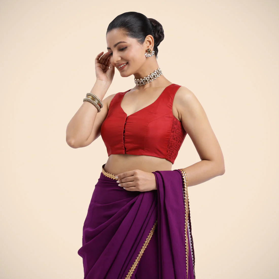 Nazia x Rozaana | Crimson Red Sleeveless FlexiFit™ Saree Blouse with Front Open Curved V Neckline with Deep Back and Dori - Image 5