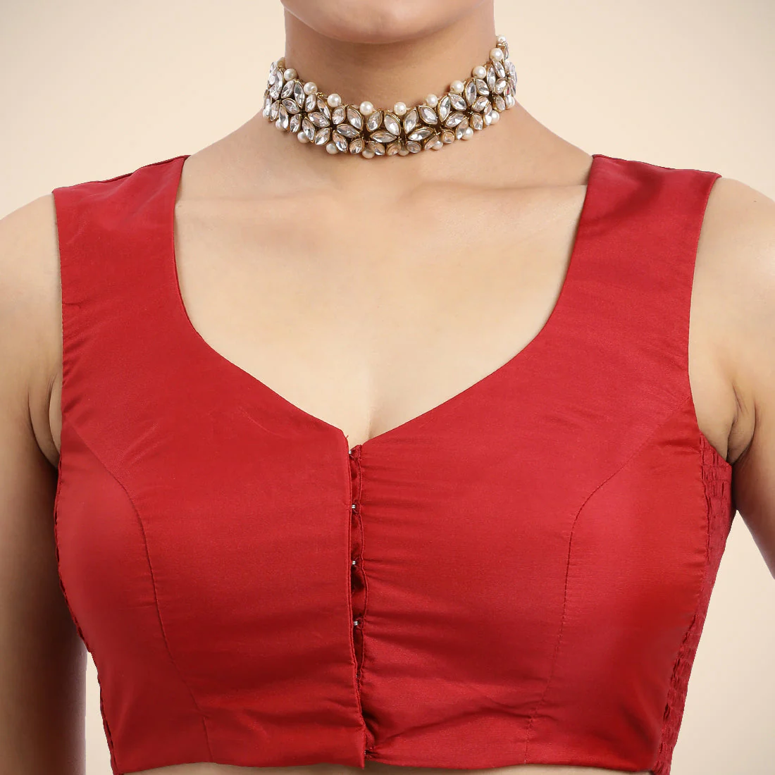 Nazia x Rozaana | Crimson Red Sleeveless FlexiFit™ Saree Blouse with Front Open Curved V Neckline with Deep Back and Dori - Image 6